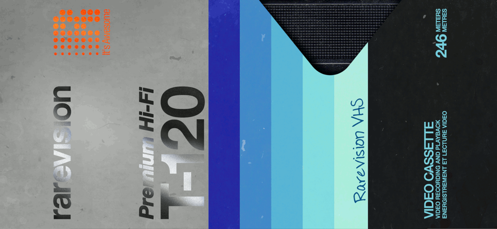 Vintage VHS cassette tape sleeve design with Rarevision branding and retro blue stripes