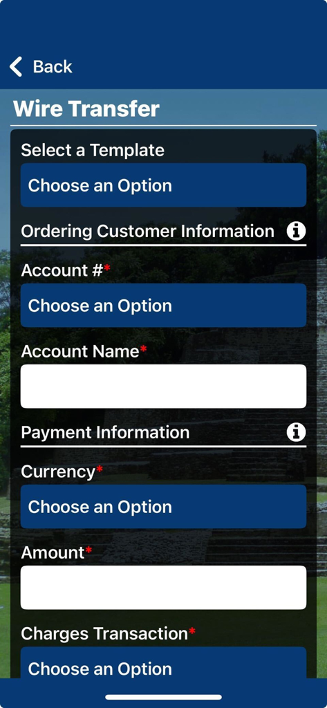 Heritage Intl. Bank Ltd - Wire transfer interface in the Heritage International Bank mobile app
