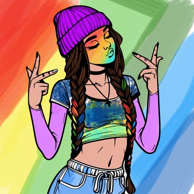 realistic teenage girl with braids and a beanie and crop top doing 🫶🏼