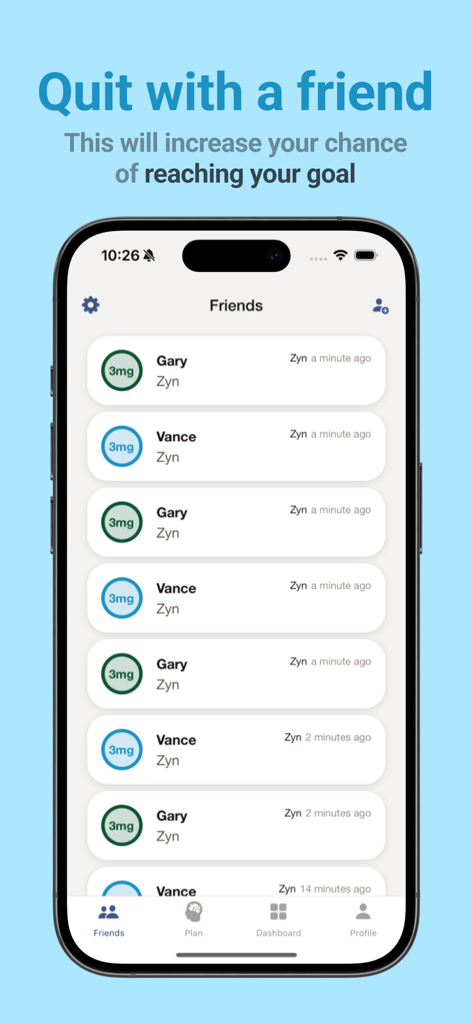 Pouch Buddy Nicotine Tracking - Screenshot dell'app Pouch Buddy che mostra amici che monitorano il loro uso di bustine di nicotina Zyn per smettere insieme