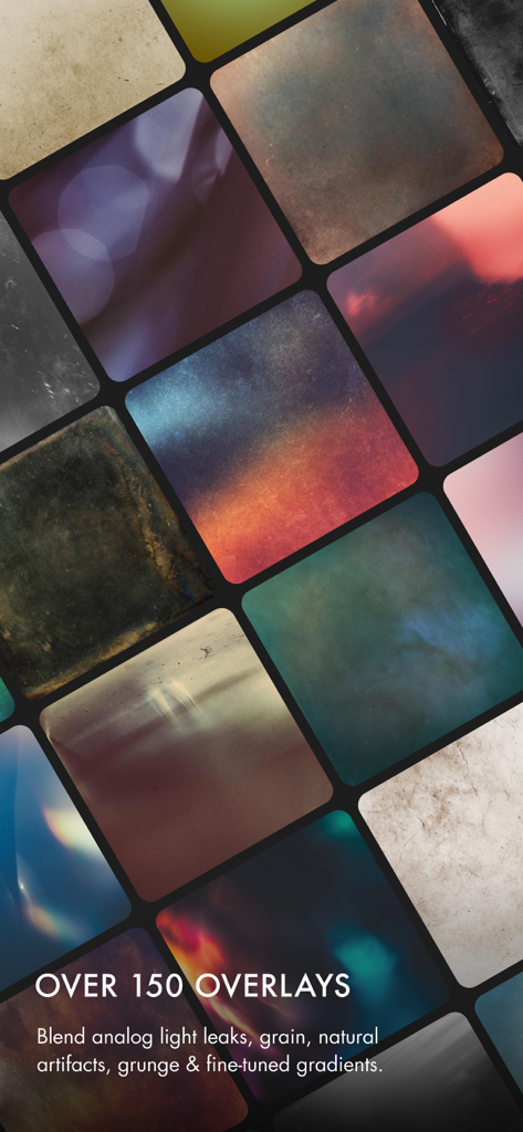 Mextures Photo Editor - A grid display of analog photo overlays including light leaks grain and grunge textures