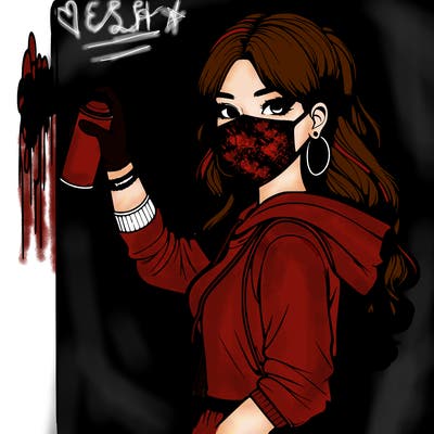 realistic girl with mask spray painting a wall