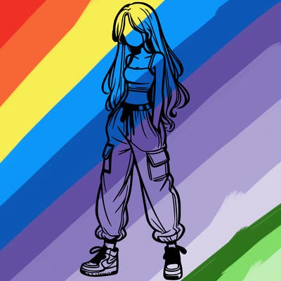 girl in baggy pants crop top and long hair