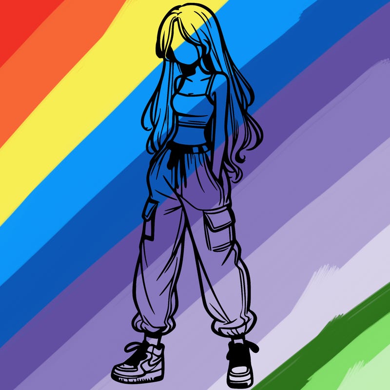 girl in baggy pants crop top and long hair