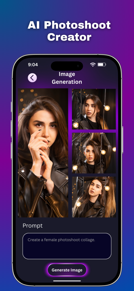AI Photo Editor+++ - Mobile app screen for AI photoshoot generation showing a collage of professional portraits