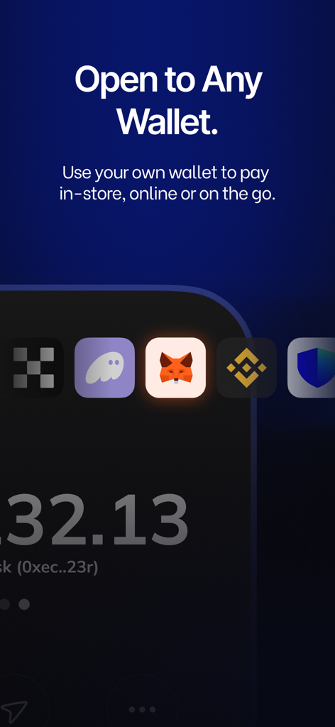 Schermata dell'app Oobit che mostra l'integrazione con wallet di criptovalute popolari tra cui MetaMask e Phantom per pagamenti al dettaglio