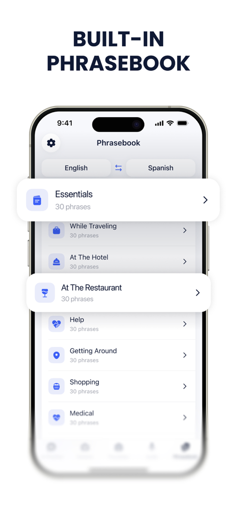 AI Translator - Just Translate - Smartphone screen of AI Translator app displaying a built-in phrasebook with travel and medical categories