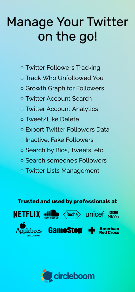 Overview of Circleboom Twitter management features and trusted professional brands