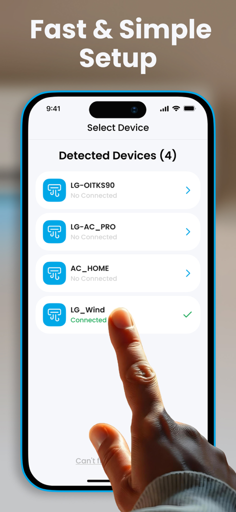 Schermata di un iPhone che mostra il menu di configurazione dell'App di Controllo Condizionatore d'Aria con un elenco di unità AC rilevate e una mano che ne seleziona una.