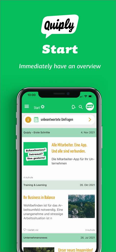 Quiply employee app start screen showing an overview of company news and surveys on a mobile device
