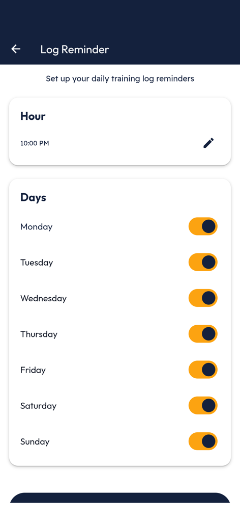 Interface for setting daily training log reminders in the BJJ Notes app