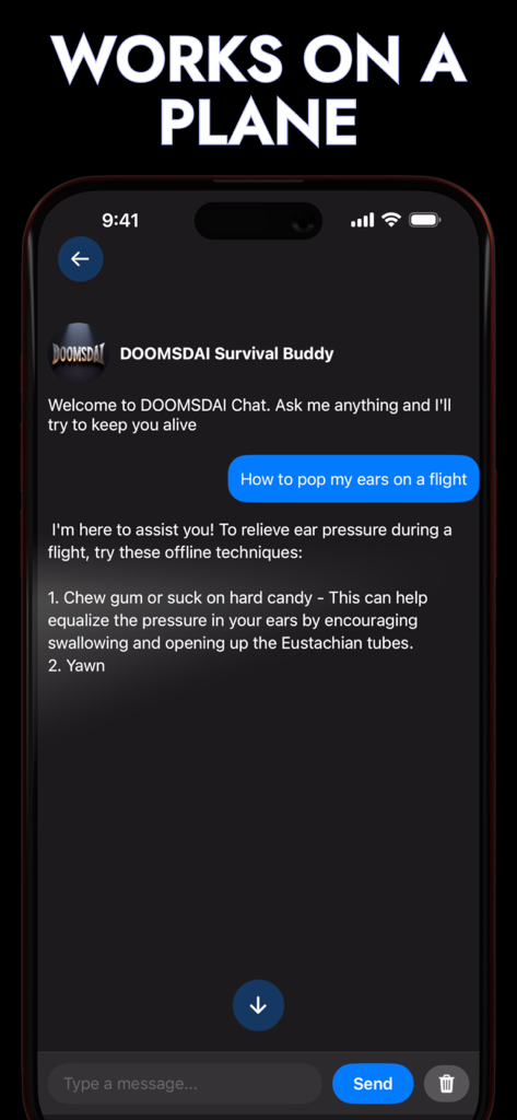 Offline Survival DOOMSDAi - Offline AI chat interface showing travel tips for use on a plane without internet