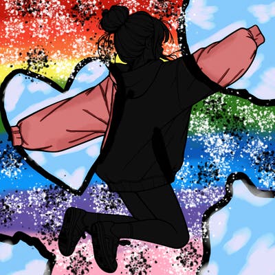 realistic girl jumping with a bun and oversized sweatshirt