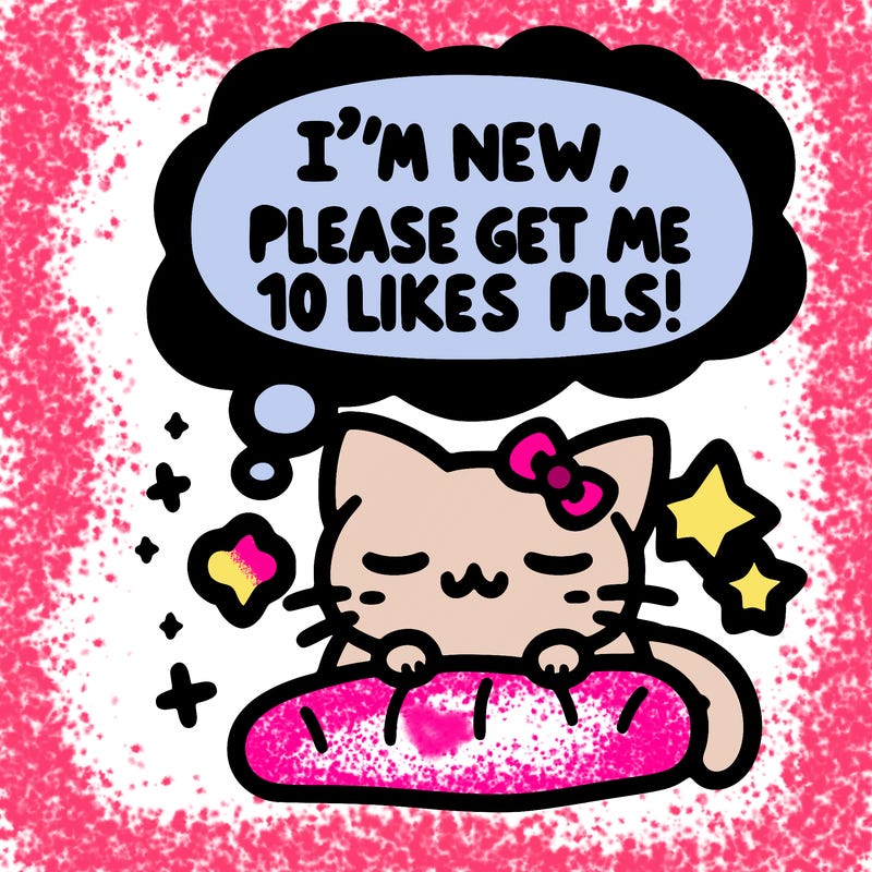 kitty taking a nap dream talking and saying "i'm new, please get me at least 10 likes pls!!"