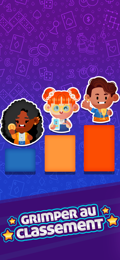 Dominoes - Classic Board Game - Tre personaggi stilizzati su un podio che rappresentano le classifiche dei giocatori nel gioco del domino.