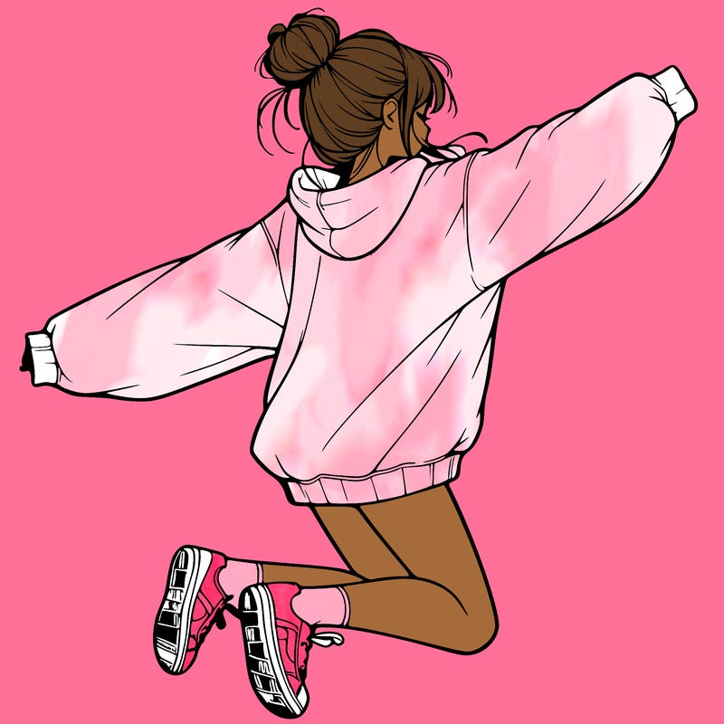 realistic girl jumping with a bun and oversized sweatshirt