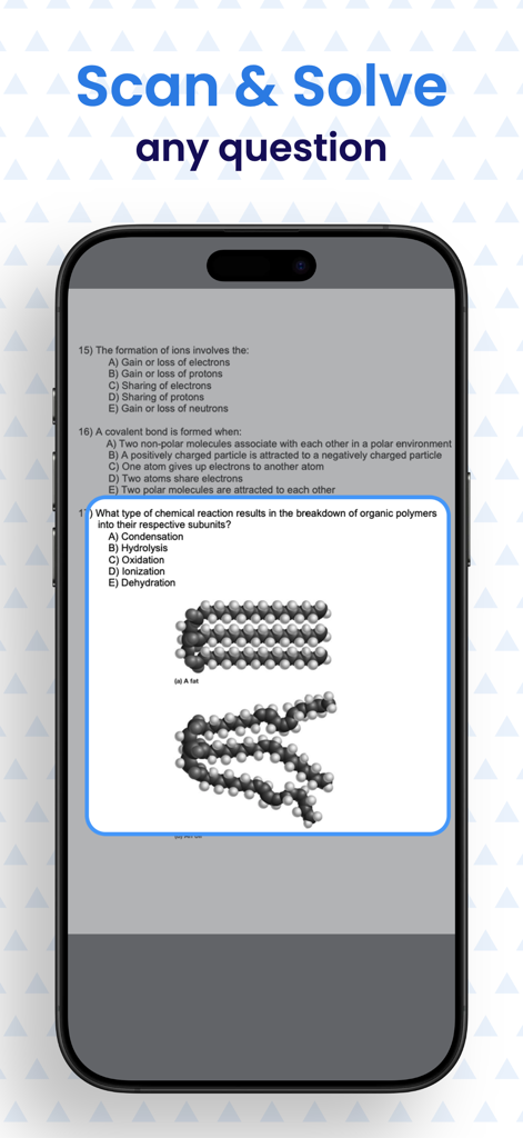 Science AI: Homework Solver - Pantalla de teléfono inteligente que muestra la aplicación Science AI escaneando una pregunta de química de una hoja de trabajo para proporcionar una solución instantánea.
