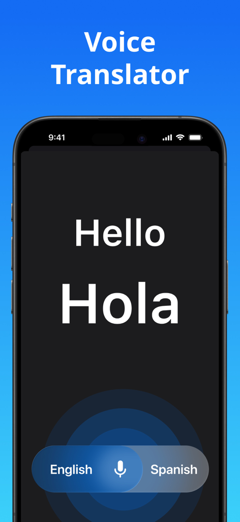 Translate Now app interface showing voice translation from English Hello to Spanish Hola