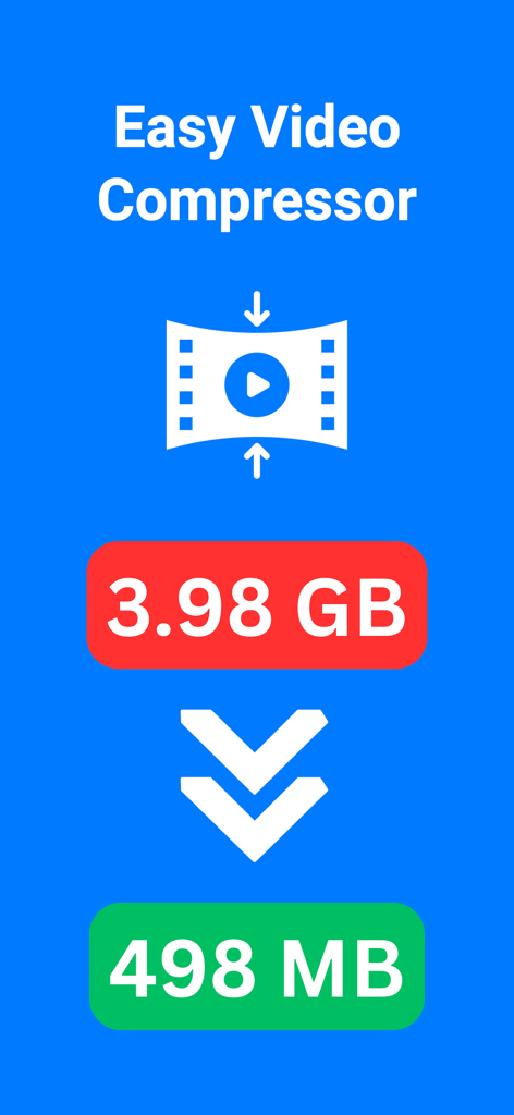 Compress Videos - Reduce Size - Easy video compressor app interface showing large file size reduction from 3.98 GB to 498 MB