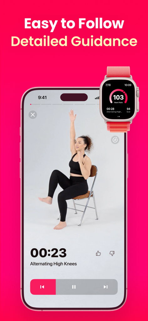 LazyFit-App-Oberfläche, die eine Frau zeigt, die im Sitzen Kniehebel mit Videoanleitung und Herzfrequenzmessung an einer Apple Watch ausführt.