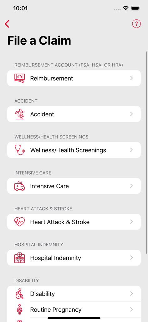 AFmobile app screen showing the File a Claim menu with options for reimbursement, accident, and health screenings.