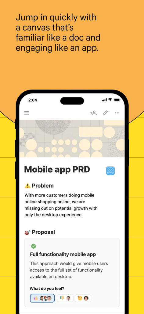 Coda - Coda mobile app interface showing a product requirements document with collaboration and reaction tools
