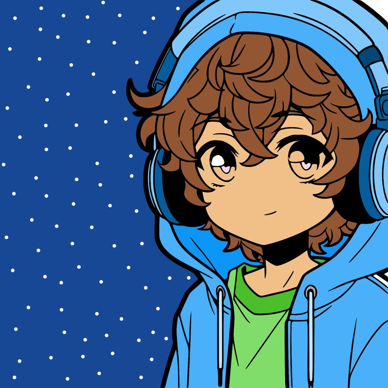 anime boy with headphones wearing a hoodie and curly hair