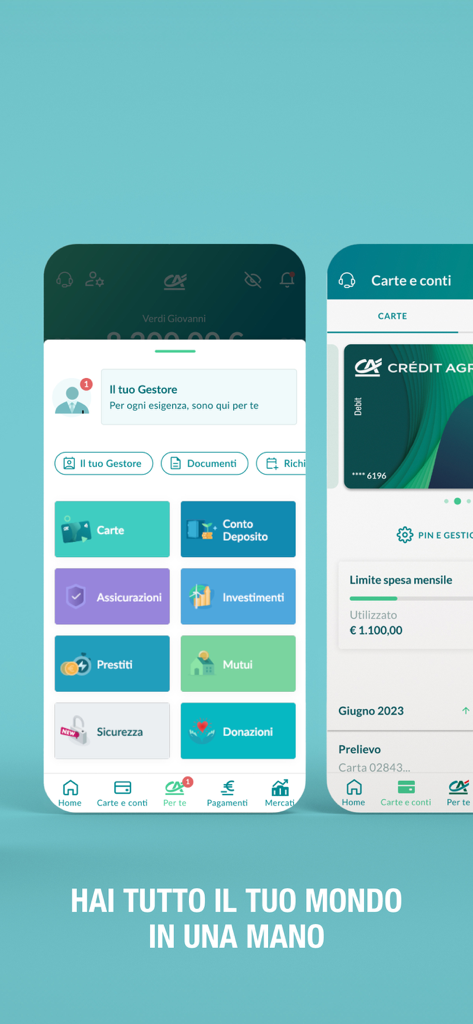 Mobile app interface of Credit Agricole Italia showing the main dashboard and card management features
