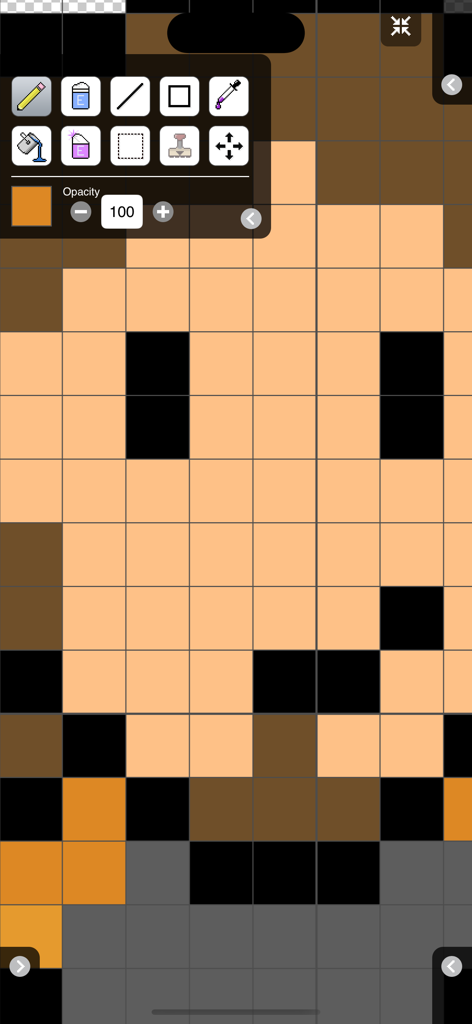 Sprite Something 앱의 픽셀 아트 그림 그리기 화면으로, 도구와 그리드 레이아웃이 보임