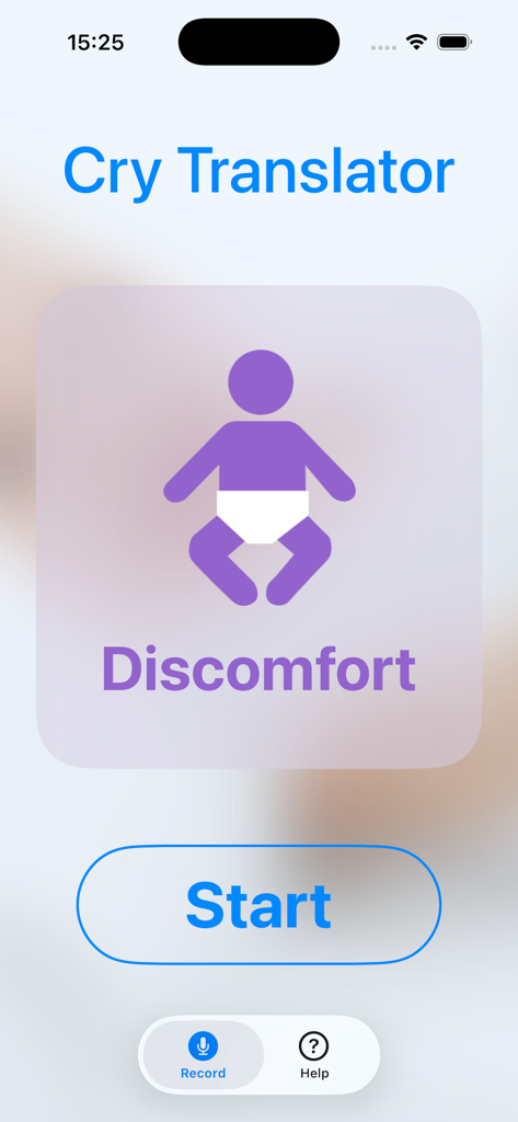 Cry Translator - Cry Translator app interface showing a baby icon and identifying a cry as discomfort