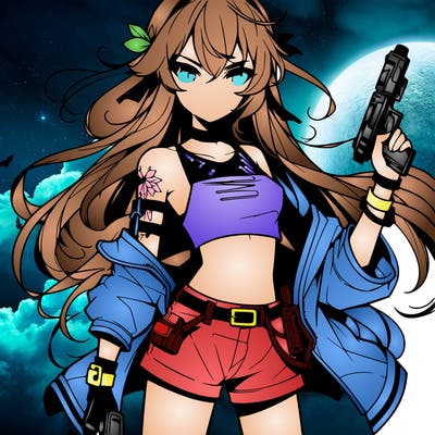bad girl wearing crop top holding a gun long hair anime