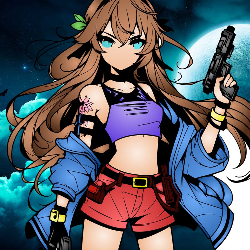 bad girl wearing crop top holding a gun long hair anime