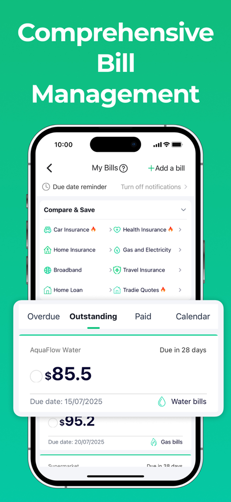 WiseList app interface showing comprehensive bill management and comparison tools