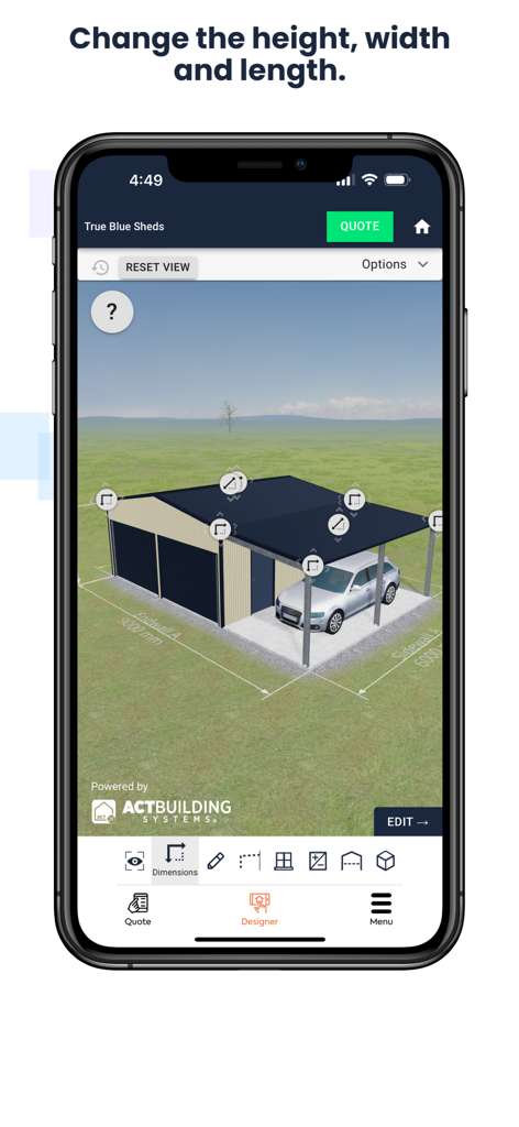 True Blue Sheds, Shed Designer - Eine mobile App-Oberfläche, die ein 3D-Schuppen-Design mit einstellbaren Abmessungen und einem Auto unter einer Überdachung anzeigt.
