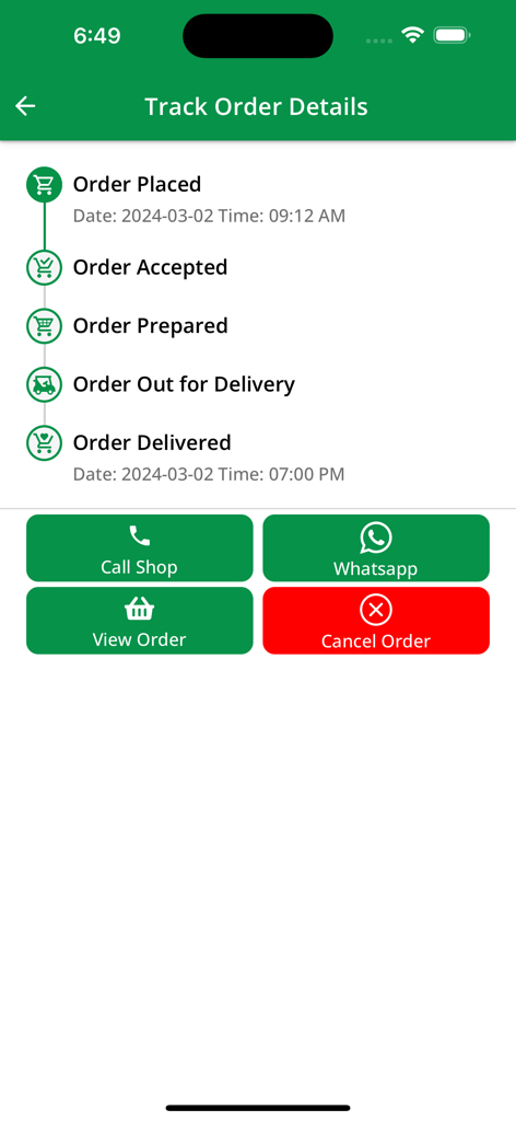 West Zone - Grocery Shopping - Order tracking screen in the West Zone app showing a timeline of delivery progress from order placed to delivered with contact options