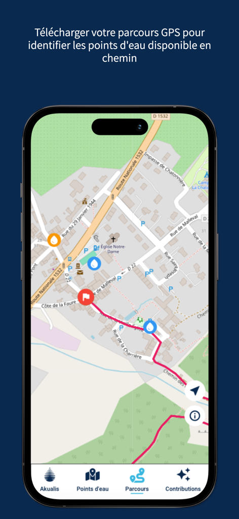 Akualis - Akualis app map interface showing a GPS route with available water points markers
