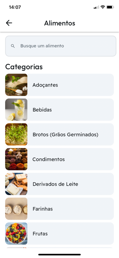 Desafio Diabetes - Low Carb - Mobile screen of the Desafio Diabetes app showing a list of low carb food categories like sweeteners, drinks, and dairy products.