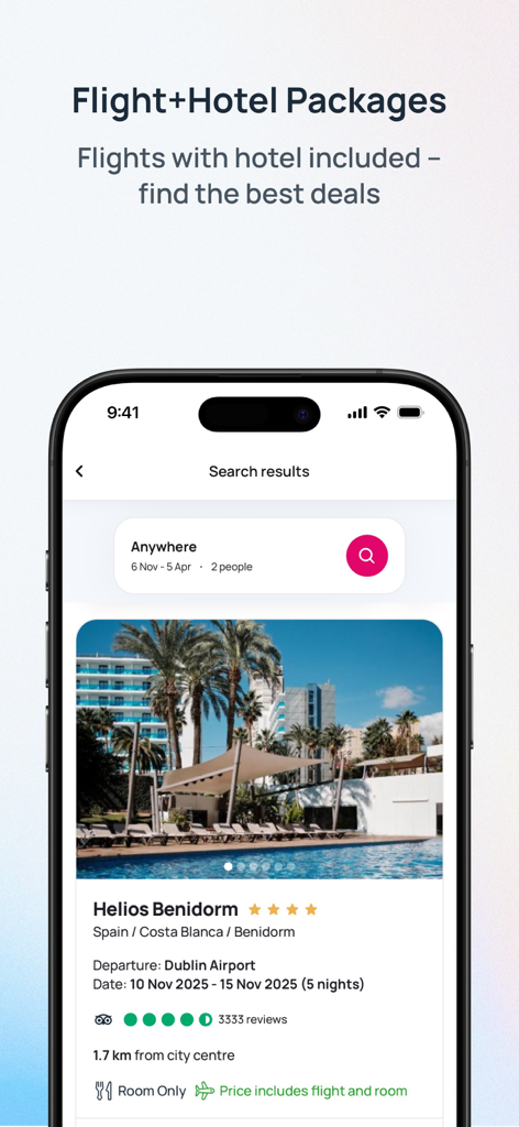 Mobile app interface for eSky showing flight plus hotel package deals for travel to Spain