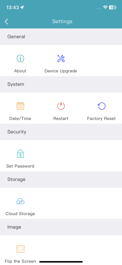 Vimtag - The settings menu of the Vimtag security app showing system security and storage options