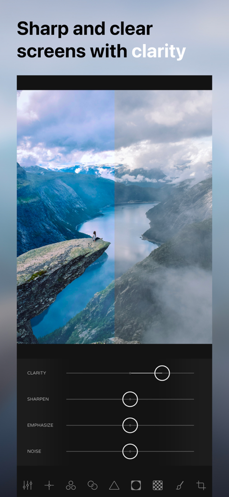 Ultralight app interface demonstrating the clarity tool on a mountain landscape photo