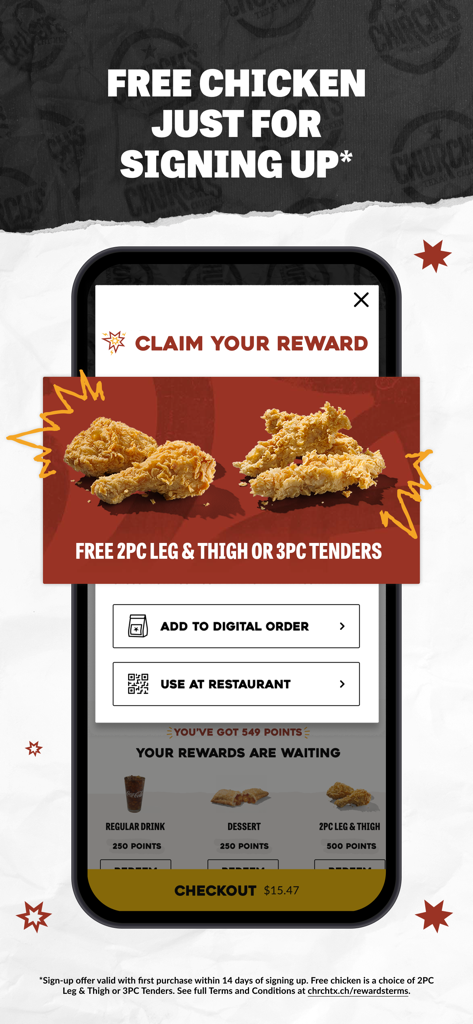 Church's Texas Chicken® - Churchs Texas Chicken app screen offering a free 2 piece leg and thigh or 3 piece tenders reward for signing up