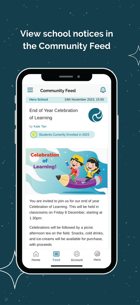Hero by LINC-ED - Hero app interface showing school notices and event invitations in the Community Feed.