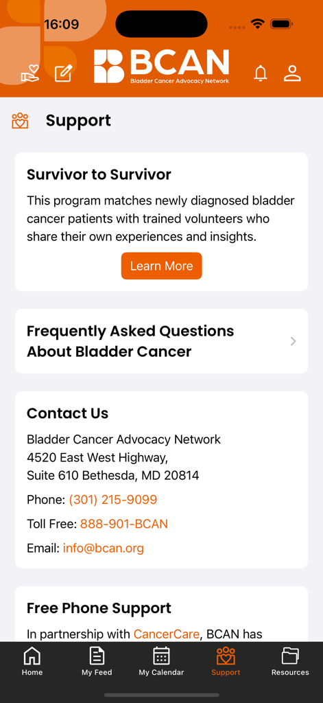 BCAN Bladder Cancer App - The support section of the BCAN Bladder Cancer App featuring survivor programs and contact information