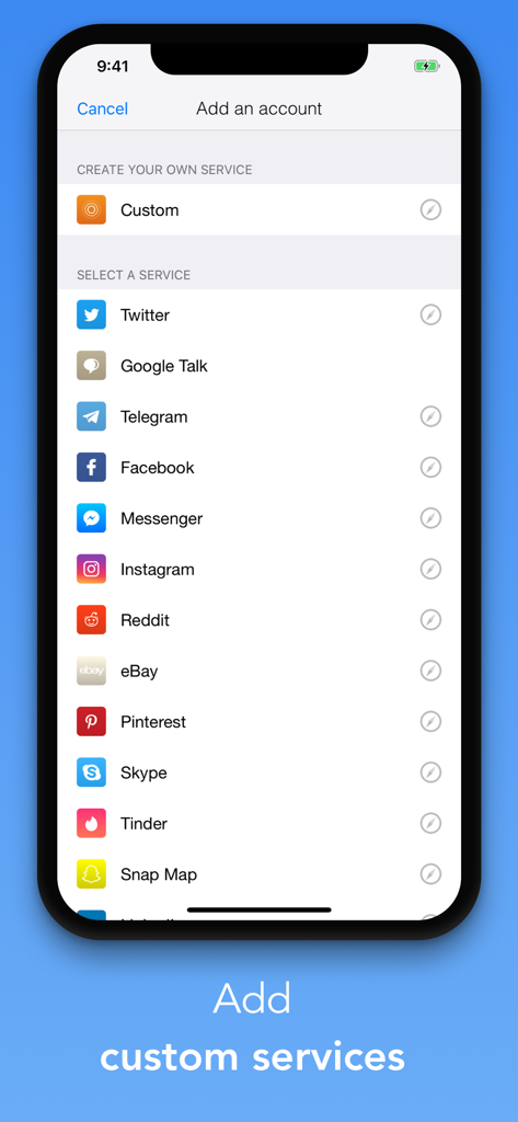 List of social media and messaging accounts available to add in the IM Plus Pro app interface