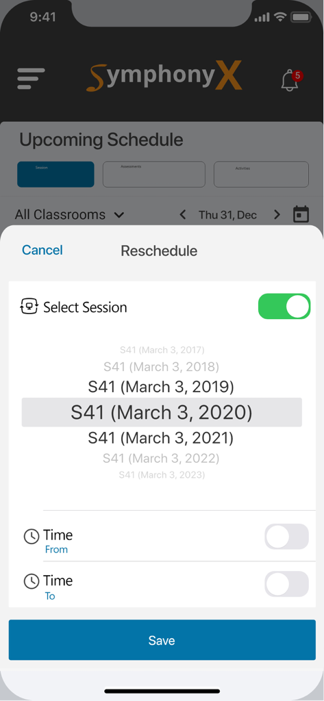 SymphonyX - Interfaz de reprogramación de sesión de la aplicación móvil SymphonyX