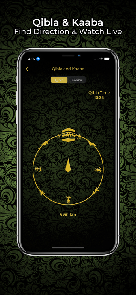 Smartphone screen showing the Qibla compass interface to find the direction of Kaaba with gold and green decorative design