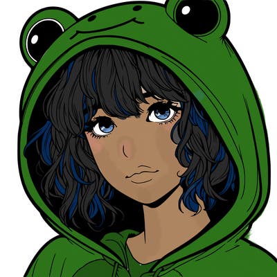 a realistic teenage girl with a messy fringe, in a frog onesie with the hood up