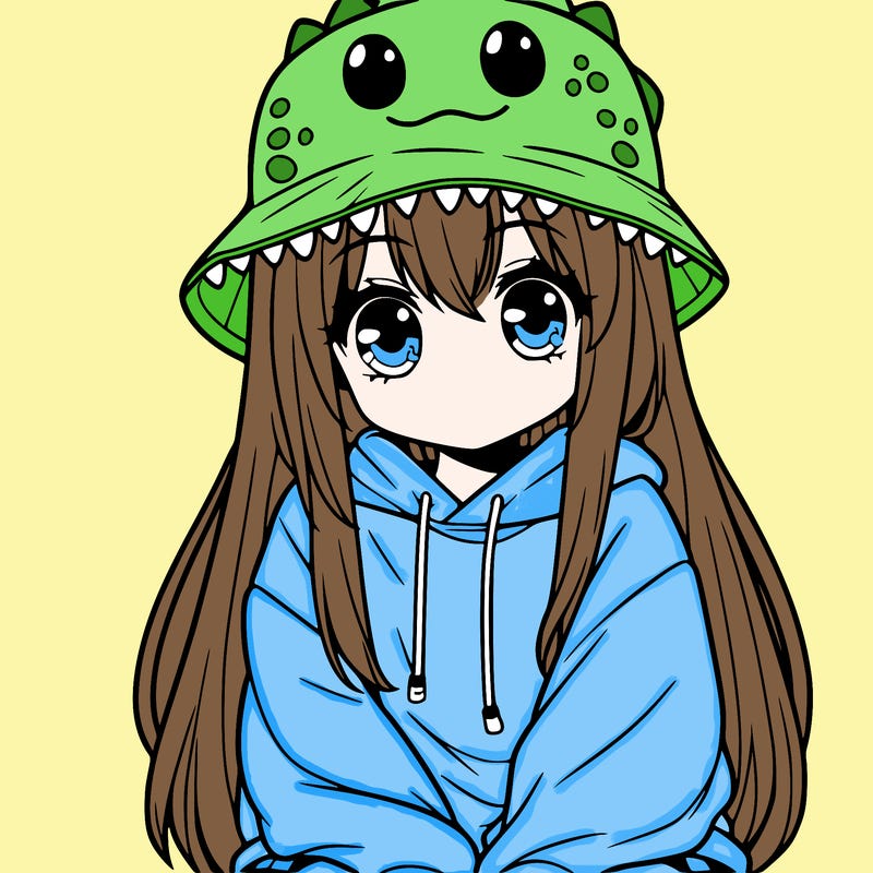 girl with anime shaped eyes with a dinosaur bucket hat oversized sweatshirt long straight hair