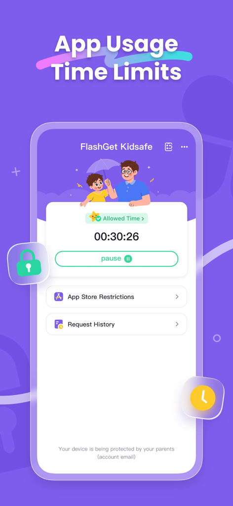 FlashGet Kidsafe app interface showing app usage time limits with a countdown timer and options for App Store restrictions.