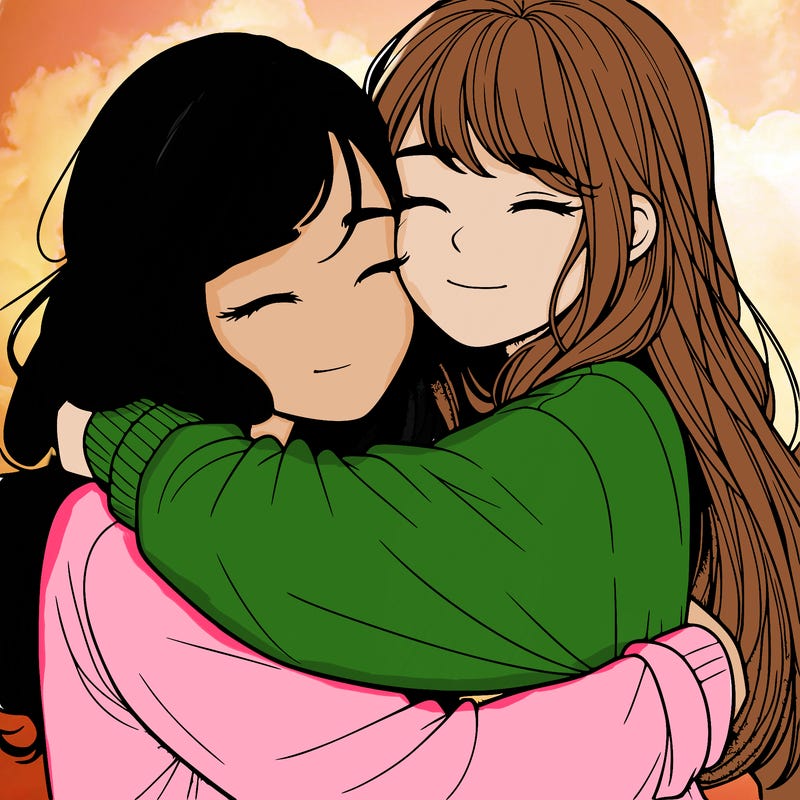 realistic two girls hugging